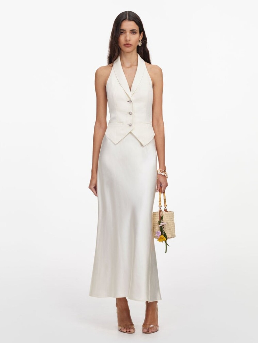 Self Portrait Cream Linen Blend Satin Midi Dress